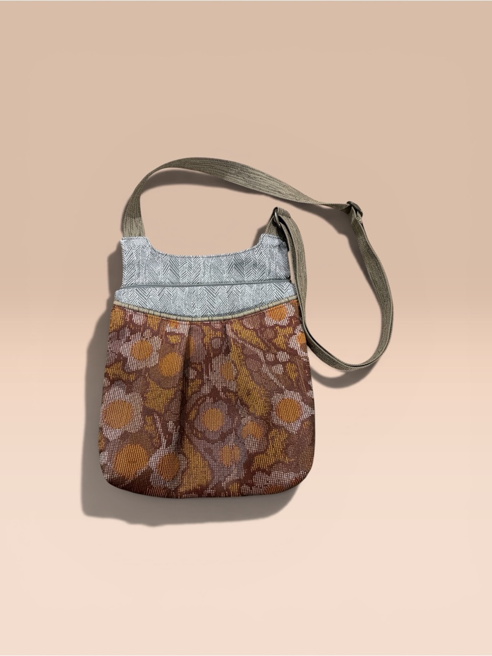 Woven Floral Crossbody Bag in Brown and Gray with Olive Strap
